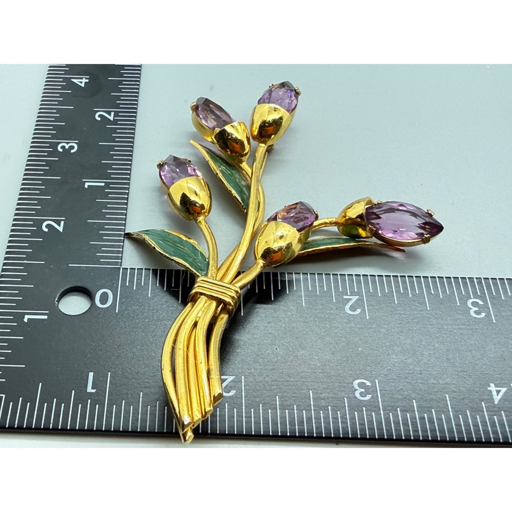 Vintage Gold Tone Purple Glass Enamel Flower Bouquet Brooch Large Statement - Picture 7 of 14